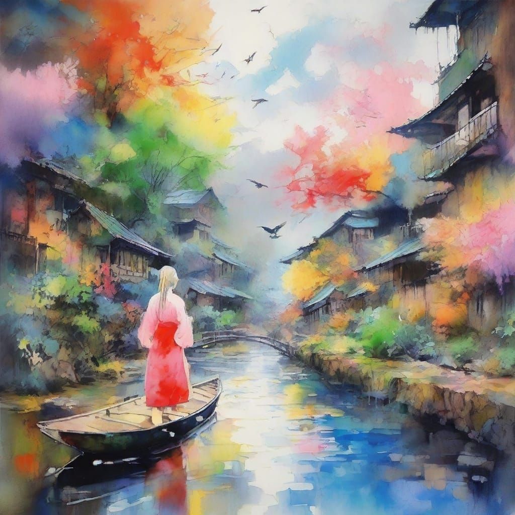 Neon Watercolor: Medieval Japanese Scene in Spectral Sci-Fi