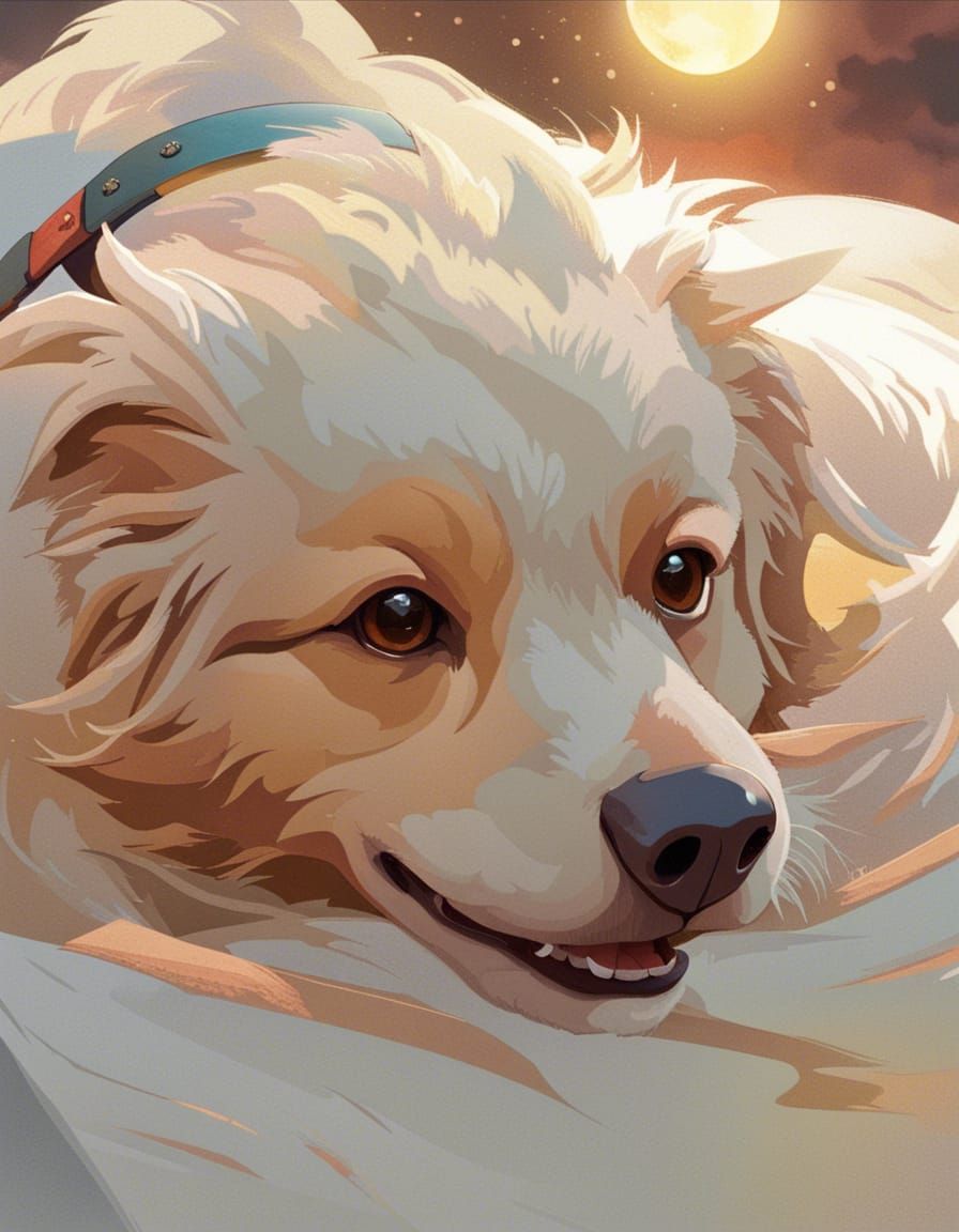 Dog Portrait Flying at Sunset in Artstation Style