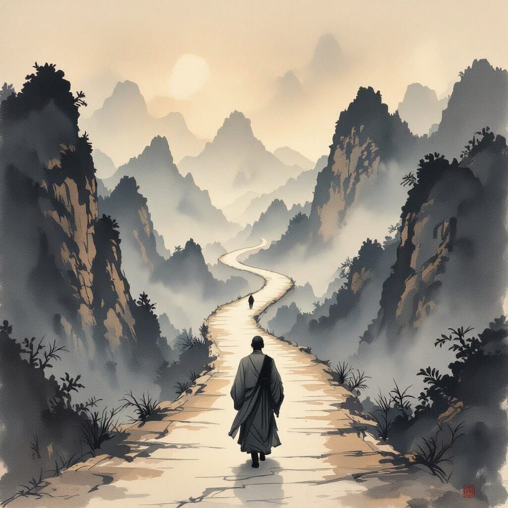 Ancient Monk on Winding Road in Chinese Ink Wash Style