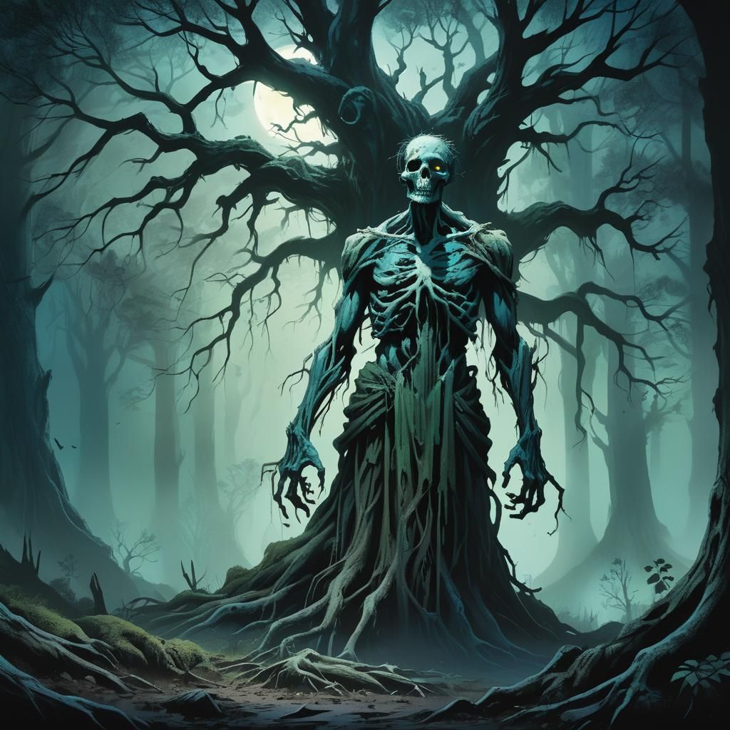 A dead body-like figure stands beside a large tree in a dark...
