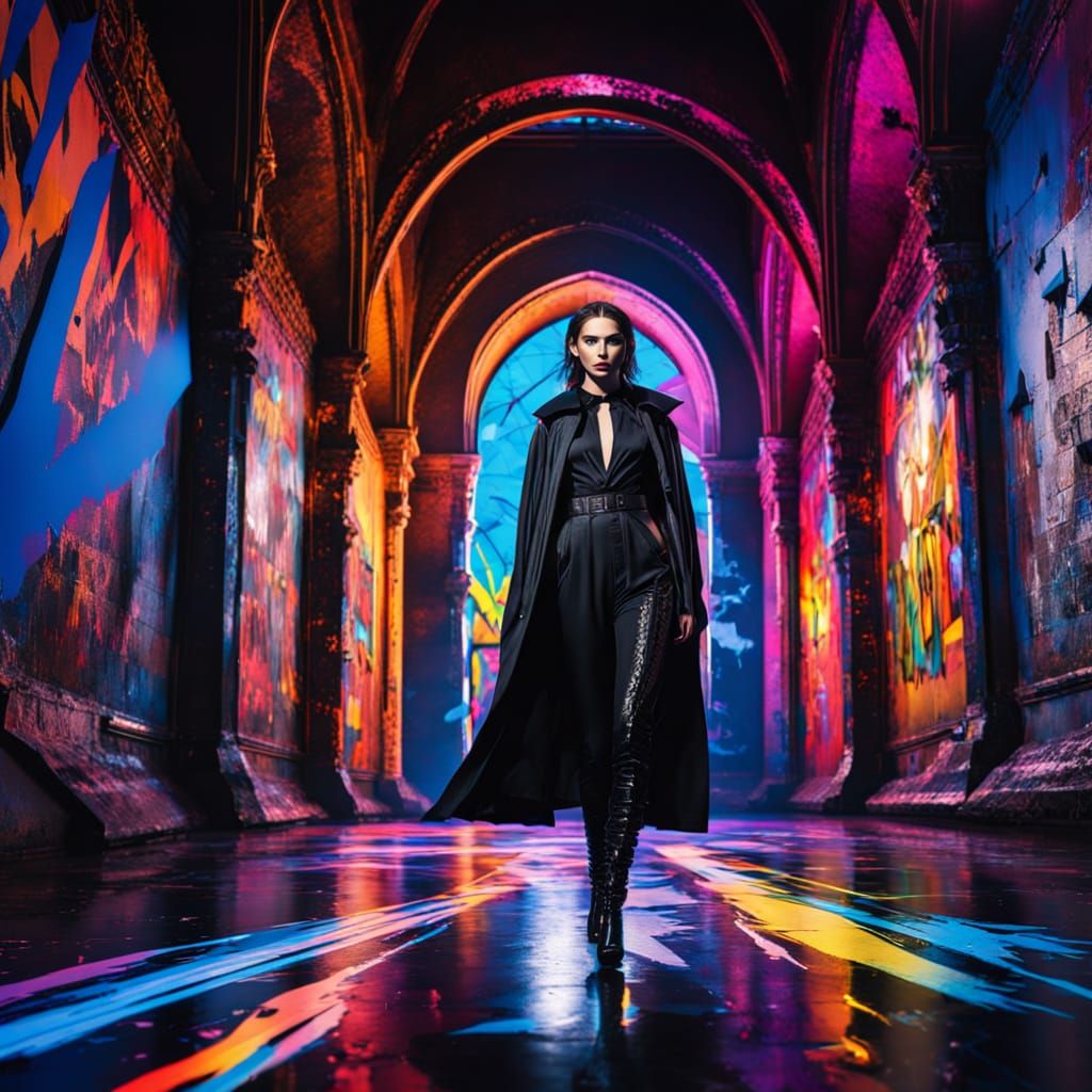 Gothic Vampire Model Struts Runway in Dramatic Dolman Sleeve...