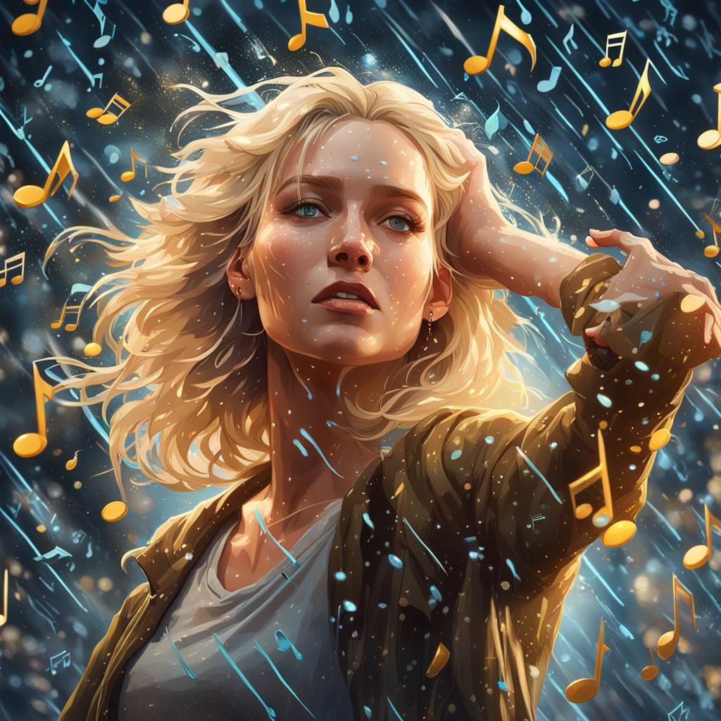 Blonde Woman Dancing in Musical Rain, Detailed Portrait