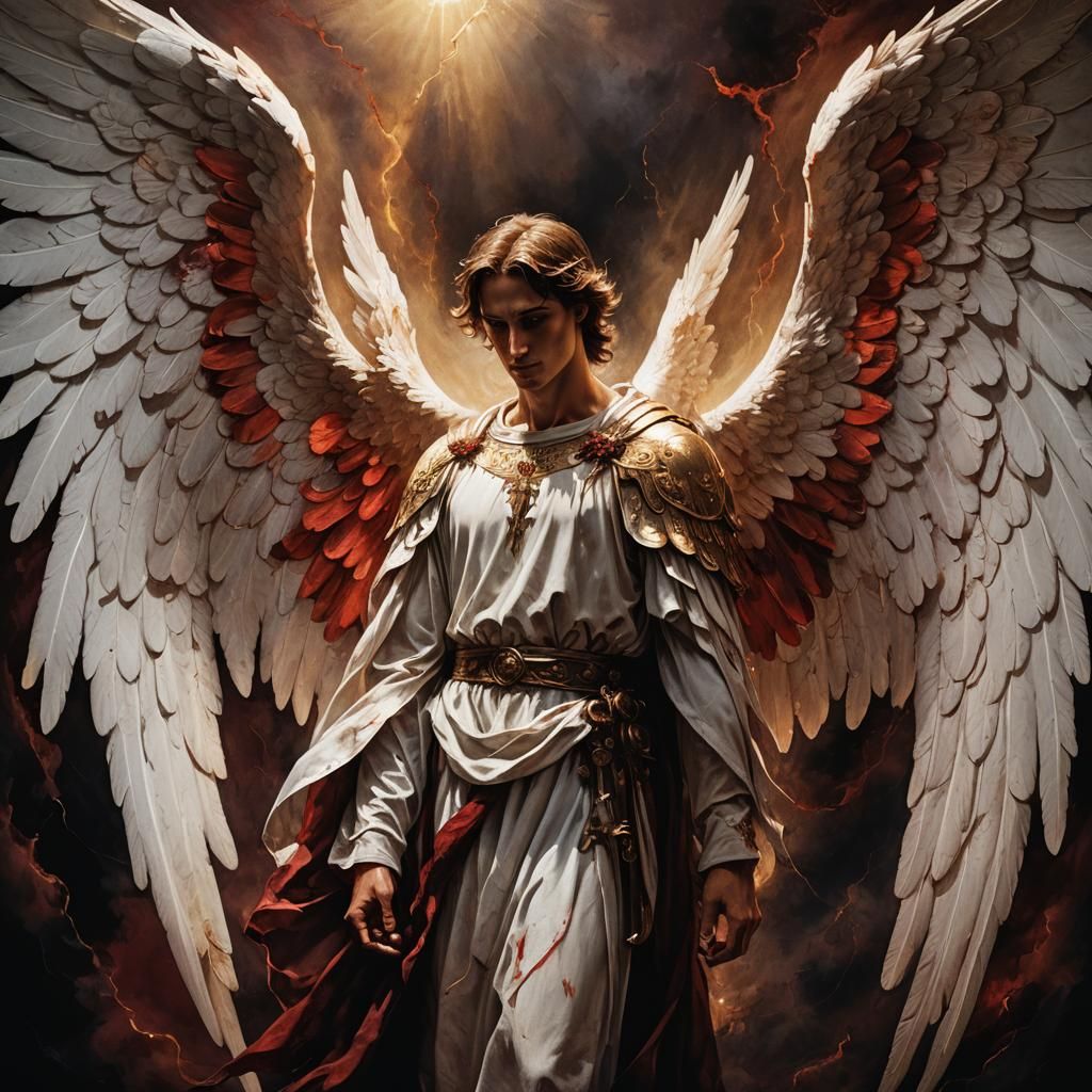 Sorrowful Angel with Red-Stained Wings in Dark Fantasy Art