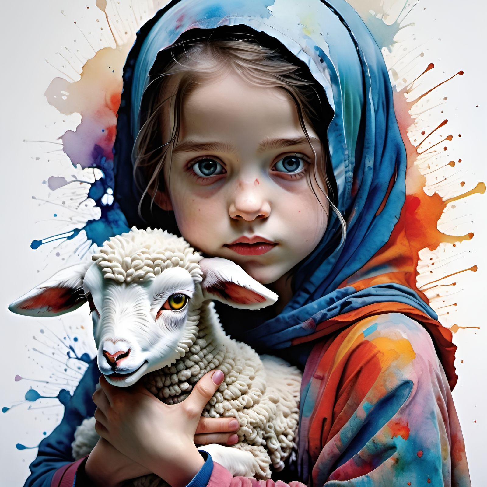 Mary and Lamb in Mixed Watercolor and Photojournalism Styles