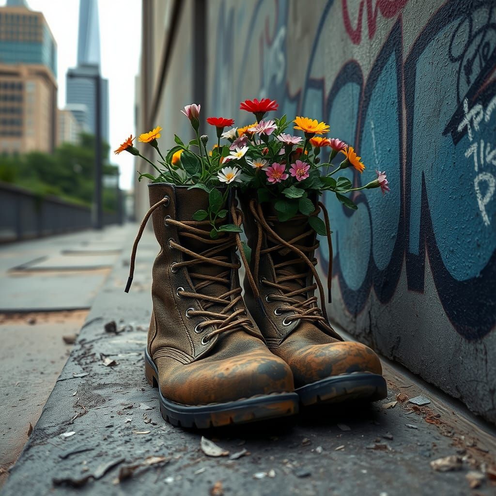 Boots Turned Flower Pot in Urban Landscape