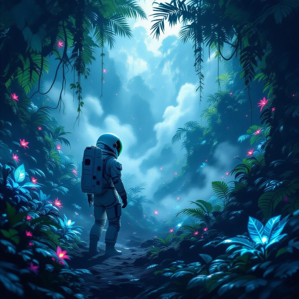 Astronaut Discovers Bioluminescent Jungle on Alien Planet