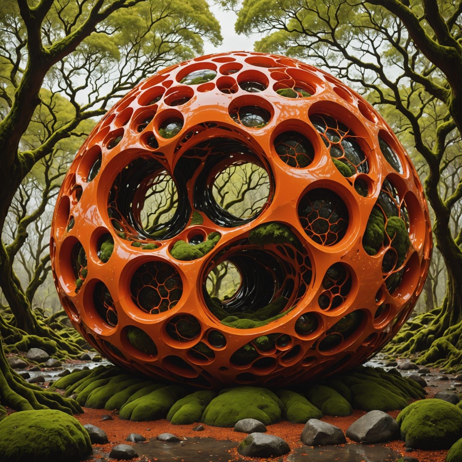 Futurist Surreal Landscape with Red Plastic Sculpture