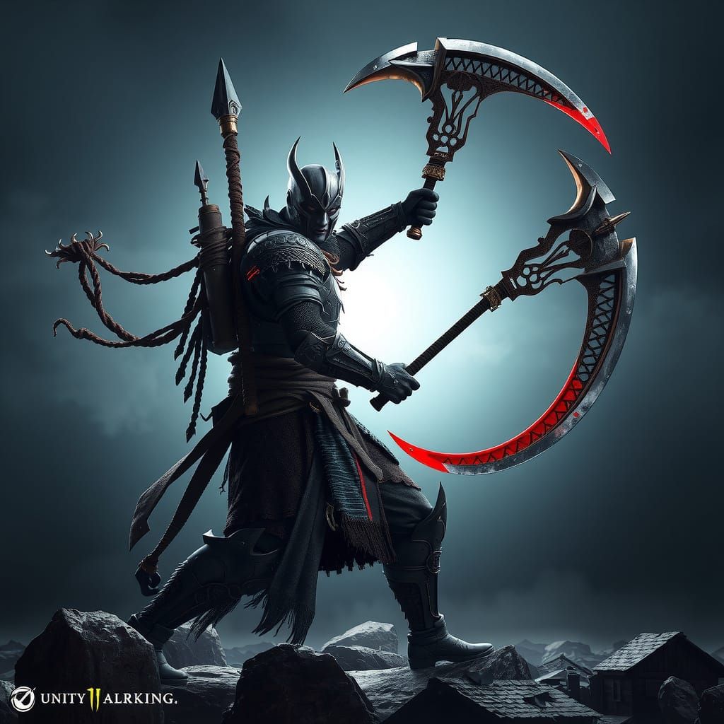 Epic Warrior with Scythes in Detailed 3D Armor