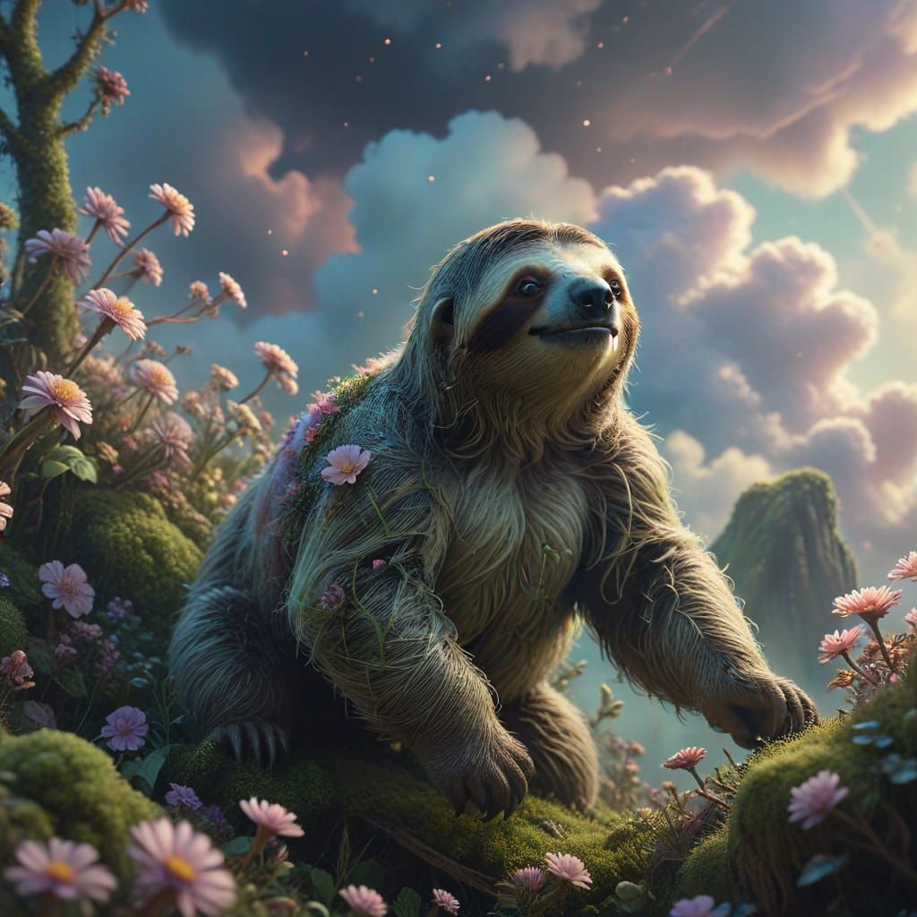 Fantastical Sloth Drifting Through Clouds in Dreamlike Atmos...