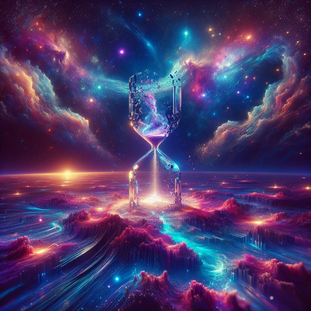 Hyperrealistic Cosmic Hourglass in Ethereal Twilight