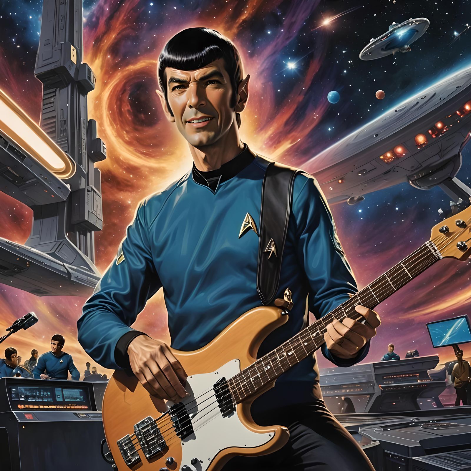 Spock Plays Bass Guitar in Hyperrealistic Splash Art