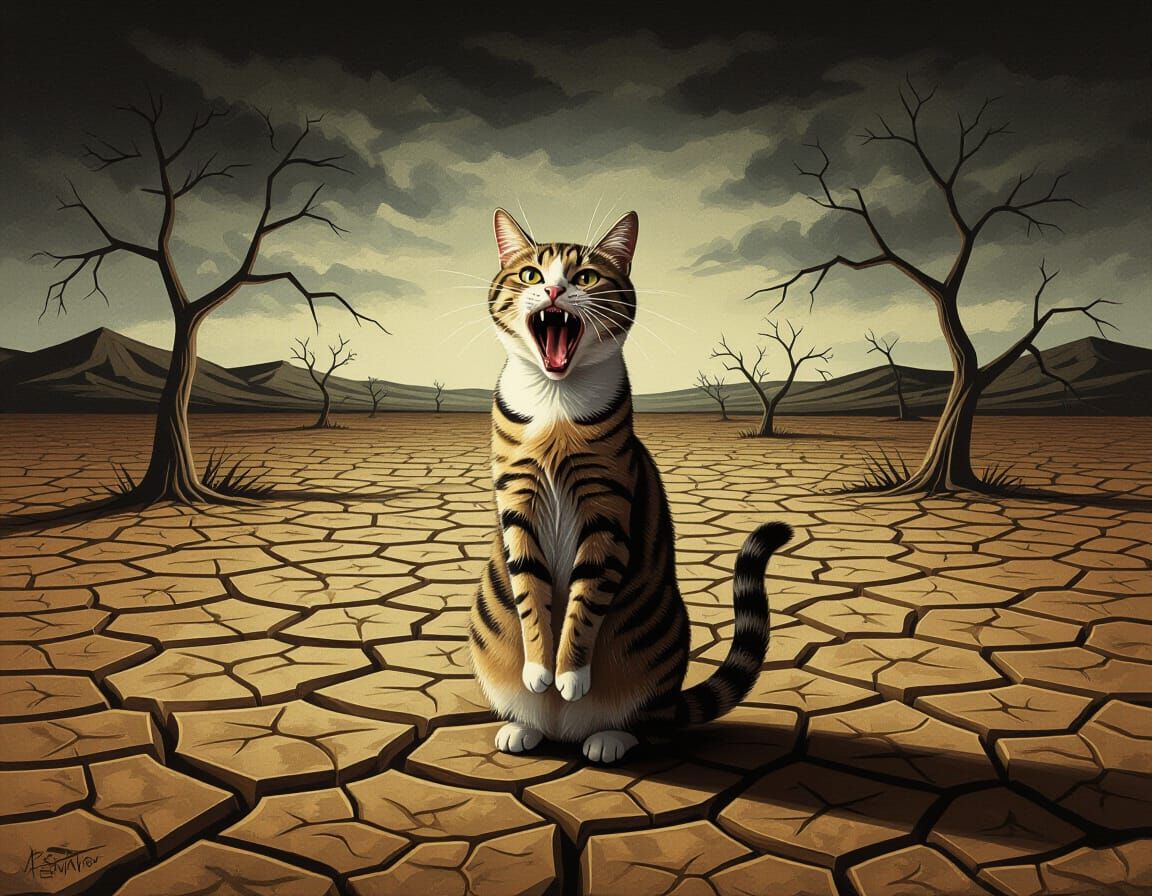 Cat's Surreal Scream in Desert Wasteland