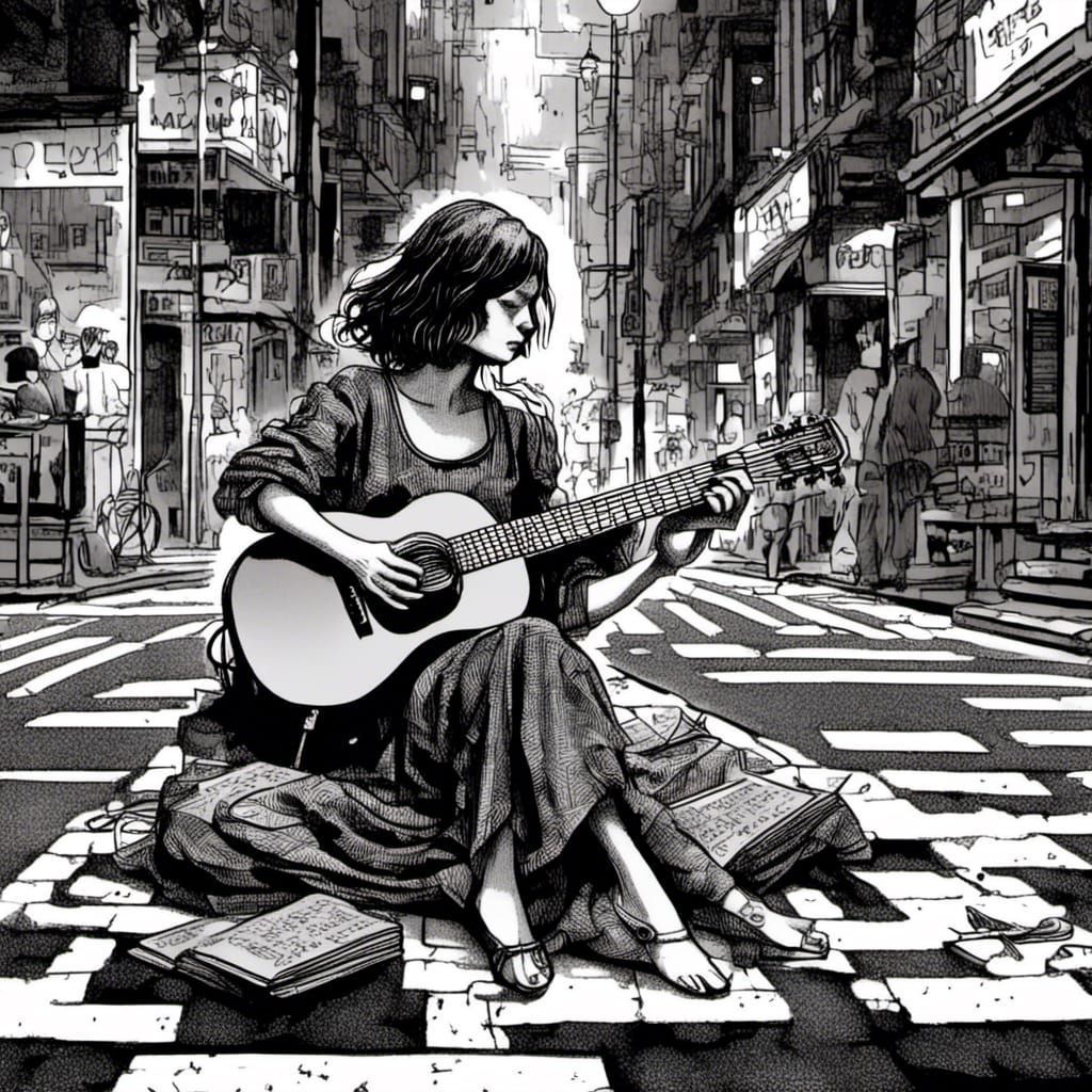 A female guitar player sitting on the street