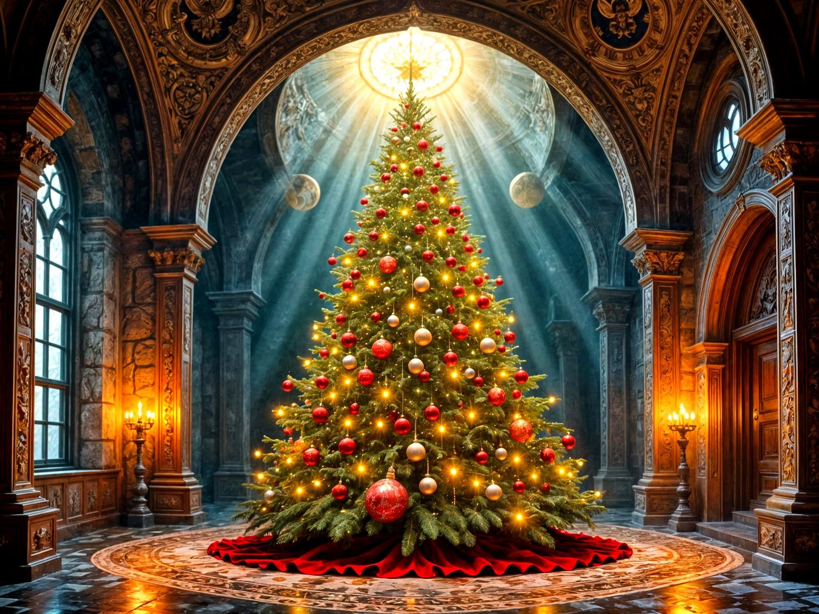 Festive Christmas Tree in Old Hall with Candlelight