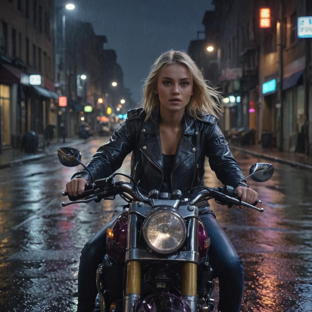 Rainy Night Motorcycle Ride in a Cinematic Style