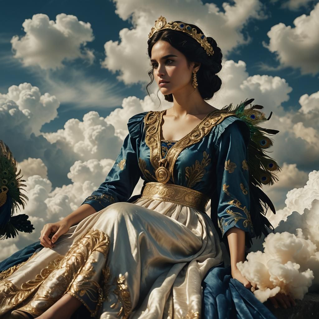 Woman in Greek Dress on Clouds in Film Style