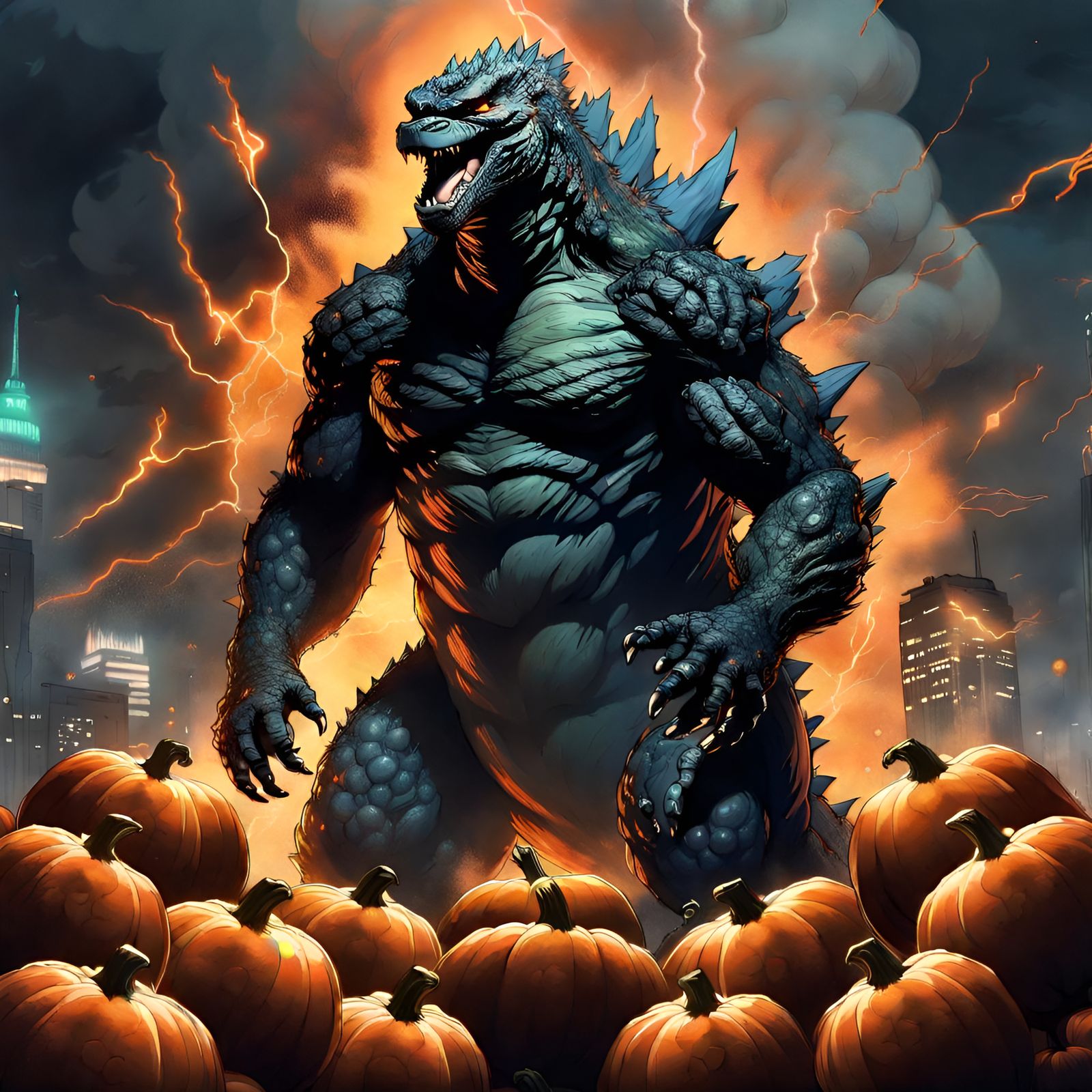 Godzilla and Pumpkins in Smoky, Cinematic Night