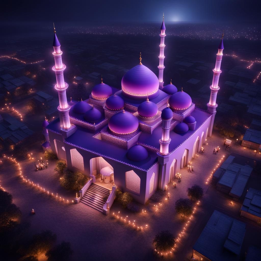 Purple Mosque Aerial View at Night in Detailed Matte Paintin...