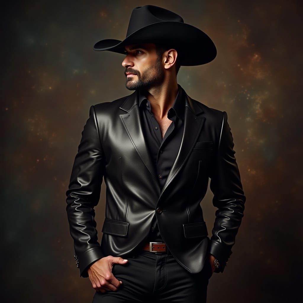 Man in Black Leather Suit and Cowboy Hat