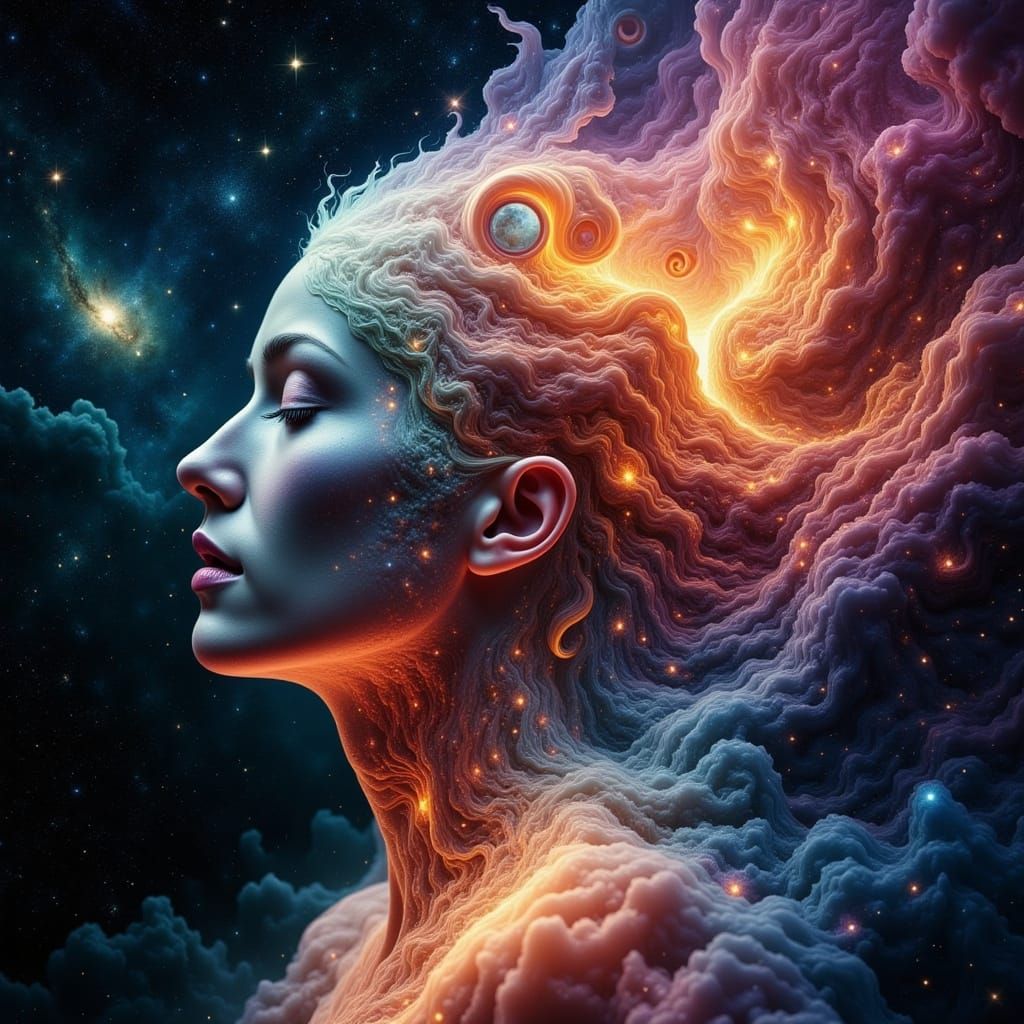 Cosmic Portrait of Transcendent Woman in Galactic Storm