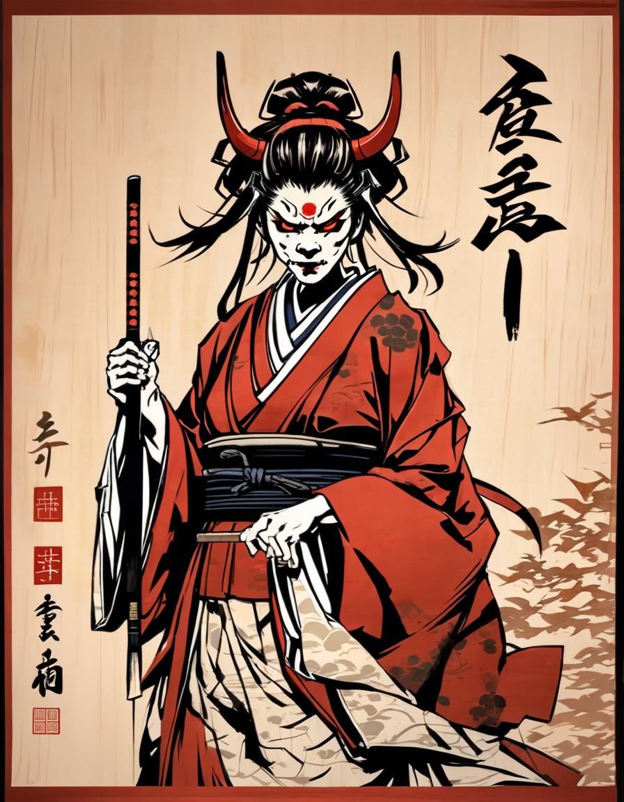 Mysterious Female Oni in Traditional Japanese Shodo Art