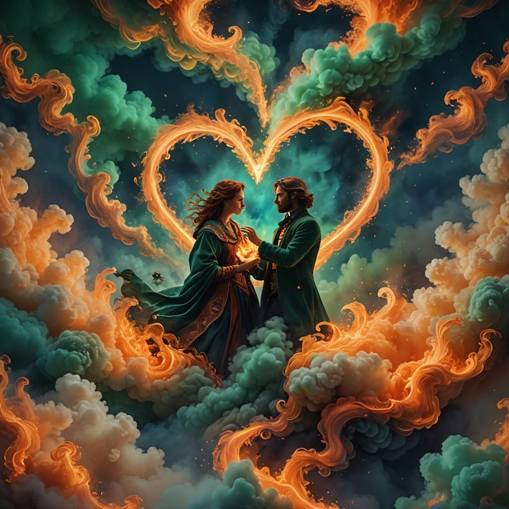 Heart Connection in Fiery Surreal Landscape