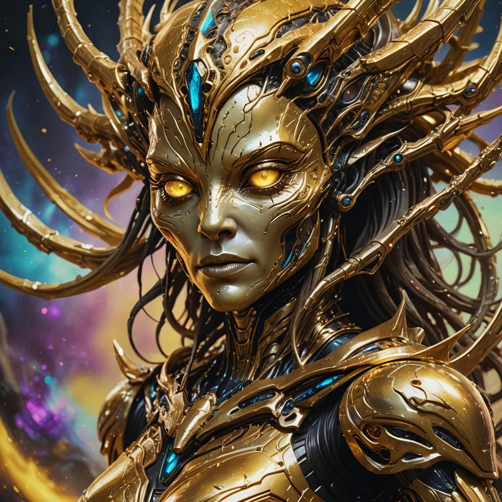 Golden Alien Queen in Hyperrealistic Splash Art