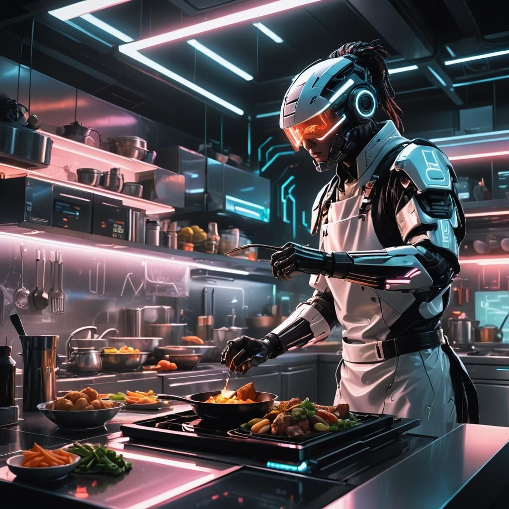 Cyborg Chef in Cyberpunk Kitchen Concept Art