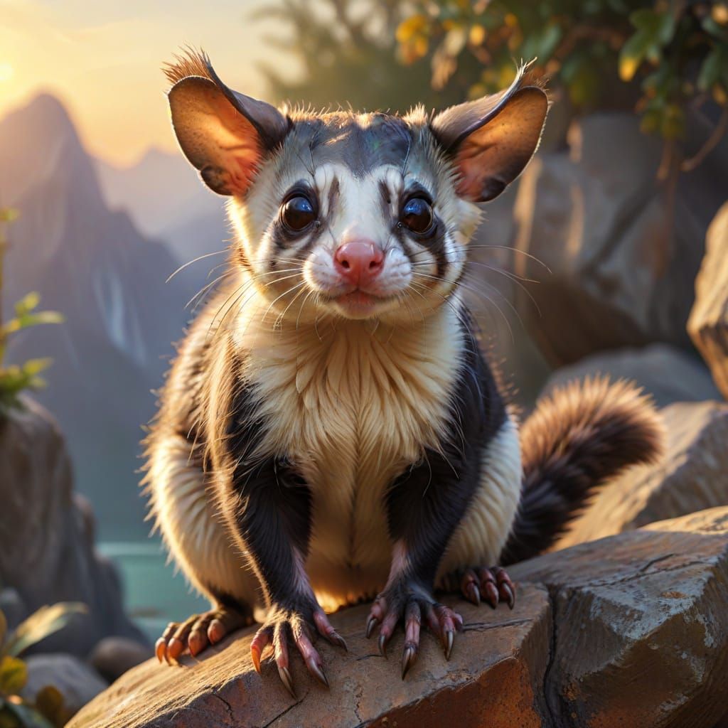 Realistic hybrid animal, cross between an Opossum and a Sugar Glider and an Otter, short black horns on top of the head