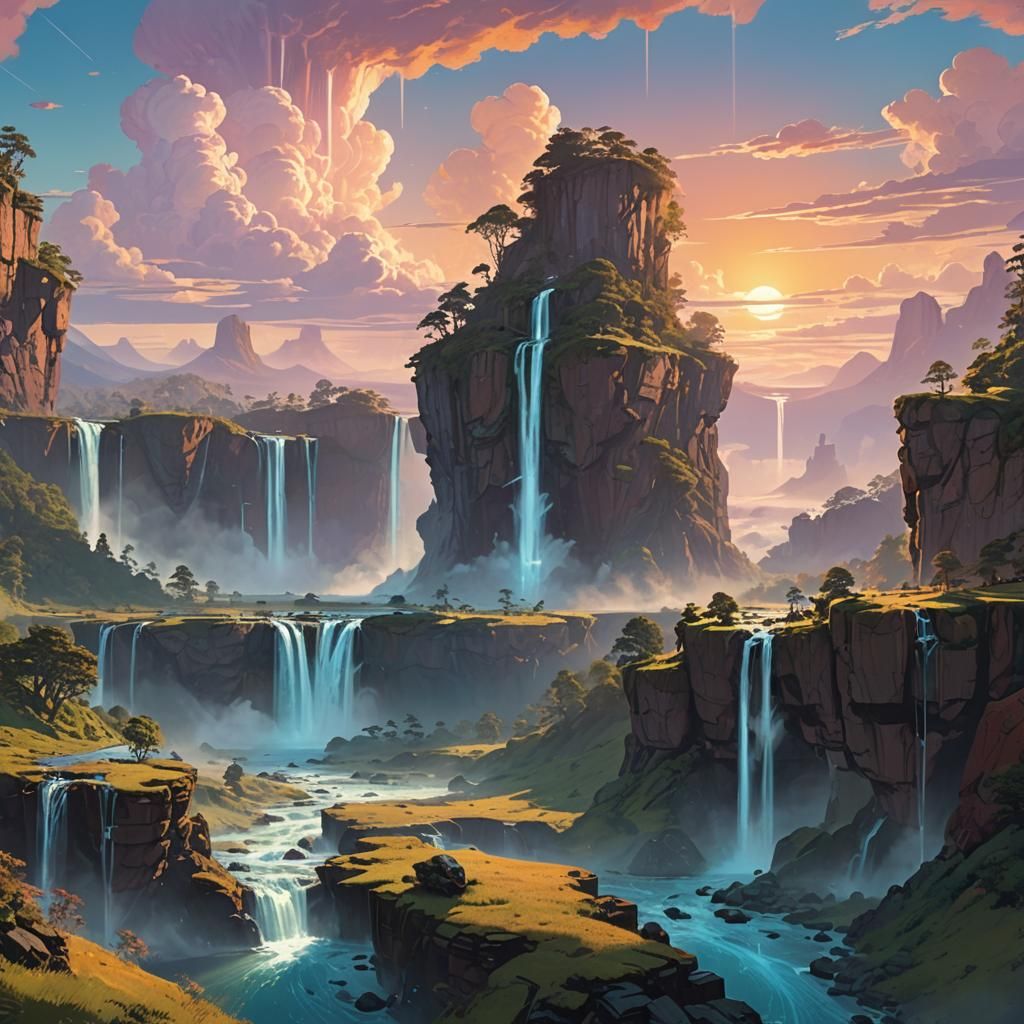 Floating Islands and Waterfalls in a Dreamlike World