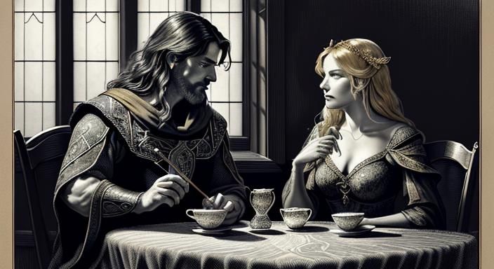 Lively Medieval Tavern Scene in Pen and Ink