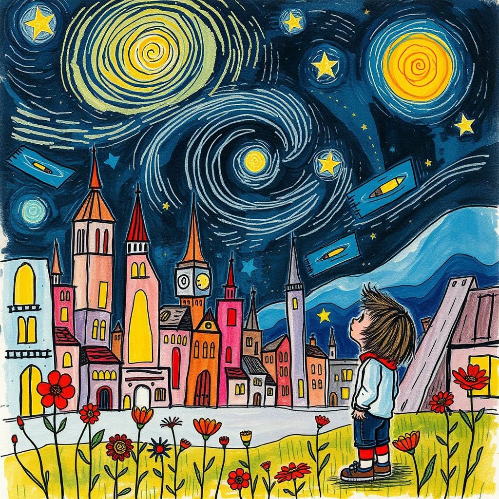 Cosmic Future City: A Child's Whimsical Crayon Dream