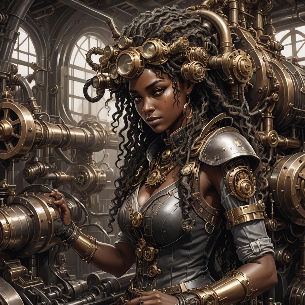 Steampunk Elf Engineer Working on Engine