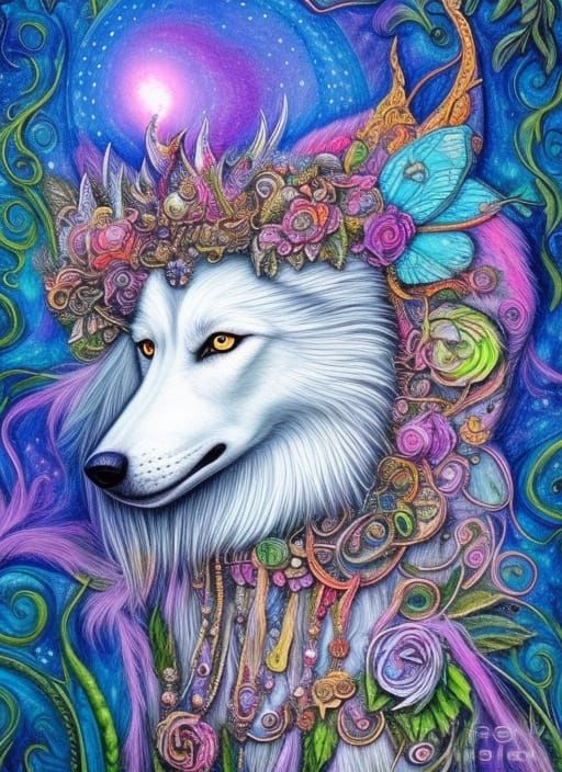 White Wolf Deity - Wax Crayon & Pencil Crayon Drawing 5