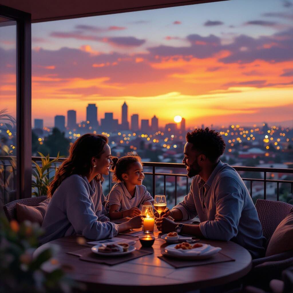 Nairobi Sunset: Family Balcony View in Photorealistic Style