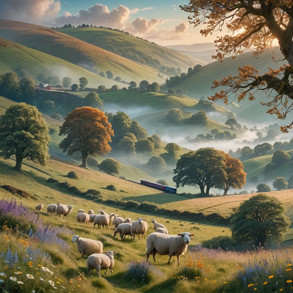 Whimsical UK Countryside Landscape in Fantasy Art Style