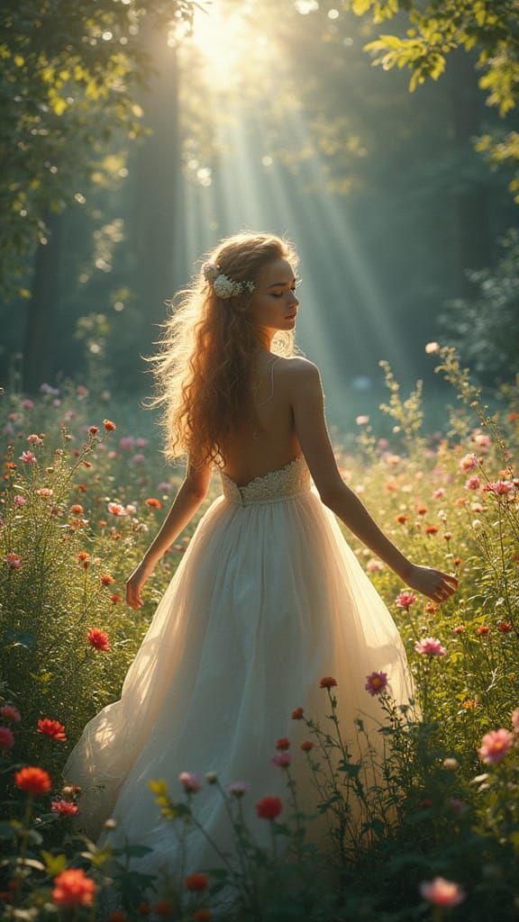 Woman's Freedom in a Vibrant Garden, Watercolor Style