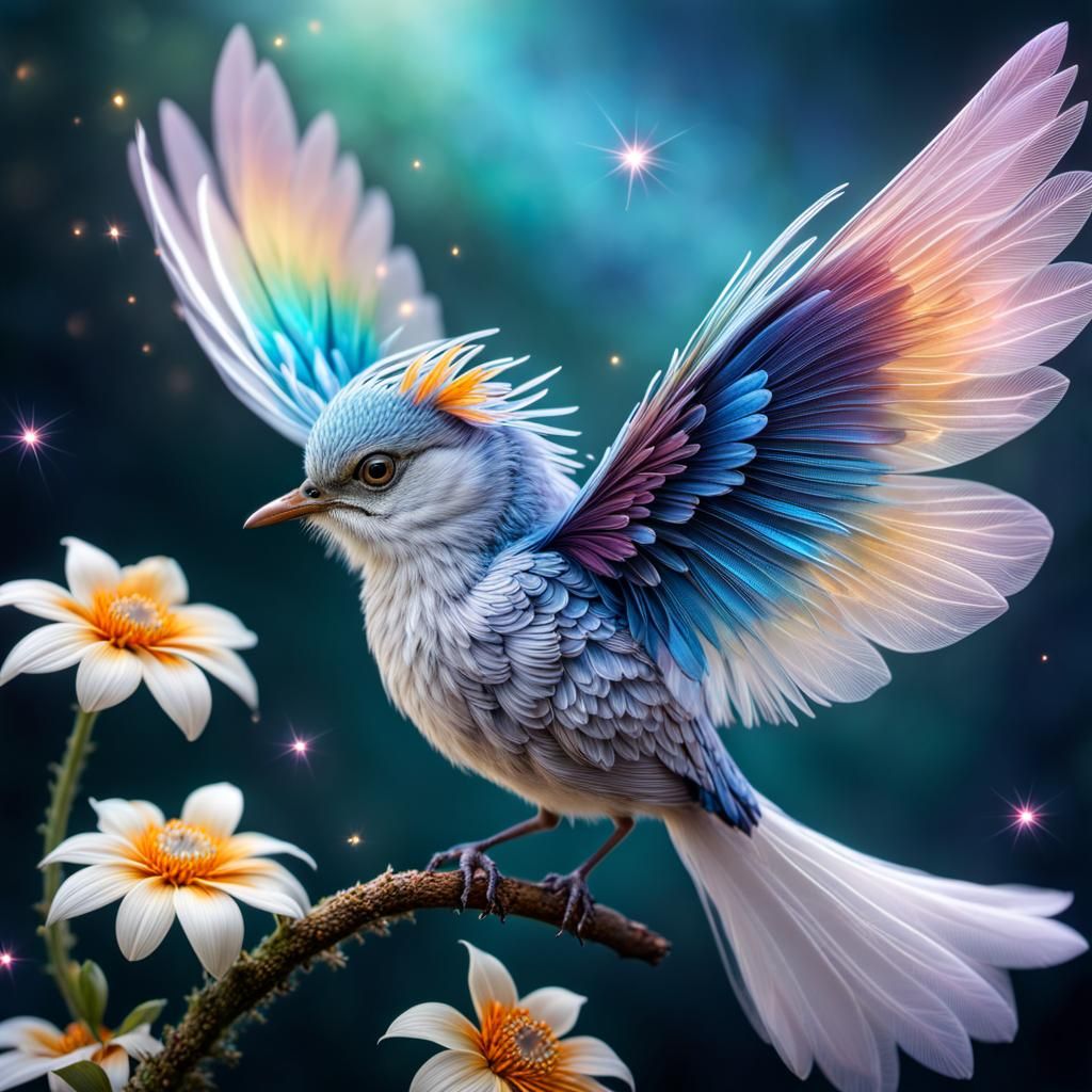 Enchanting Fairy Bird in Flight with Floral Tail