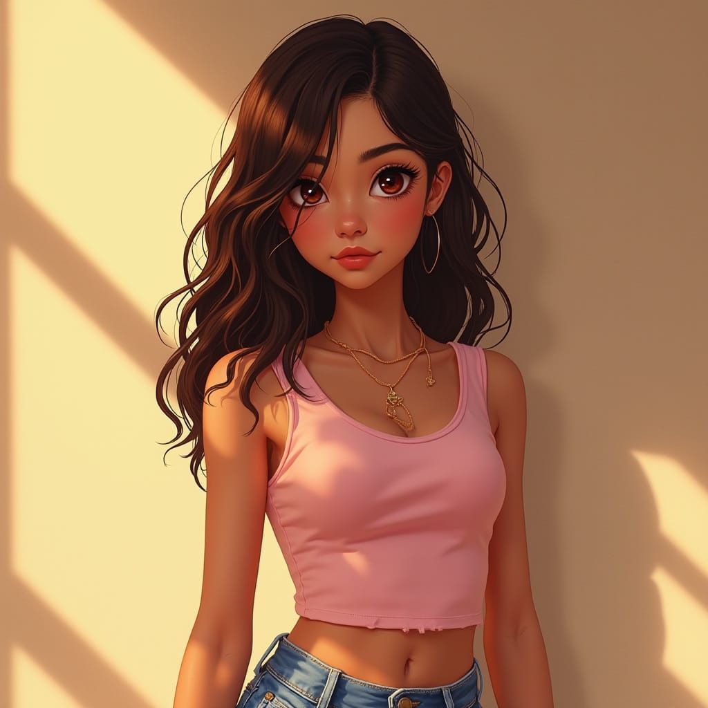 Teenage Girl in Pastel Pink and Distressed Denim