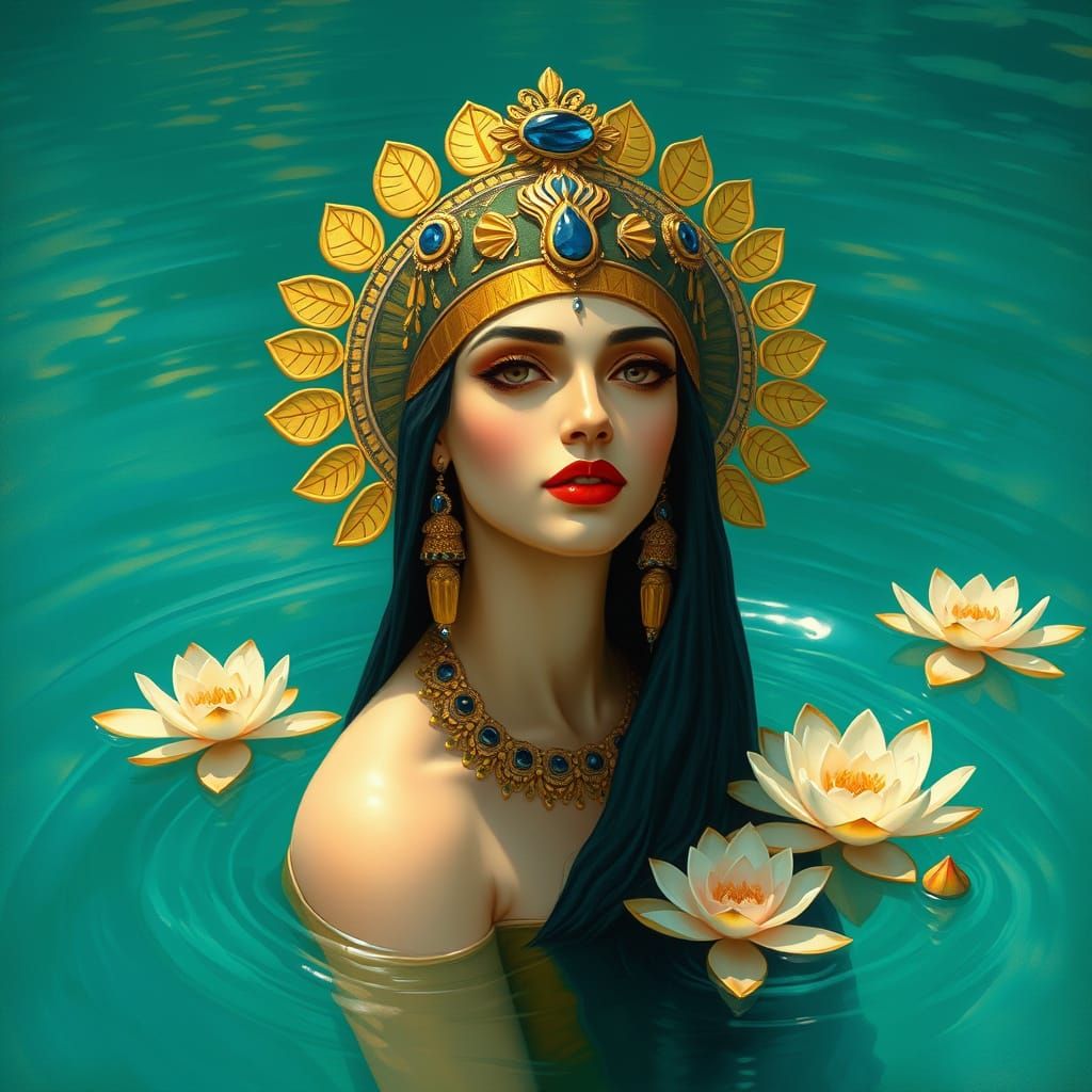 Egyptian Princess Emerges from Turquoise Waters in Art Nouve...