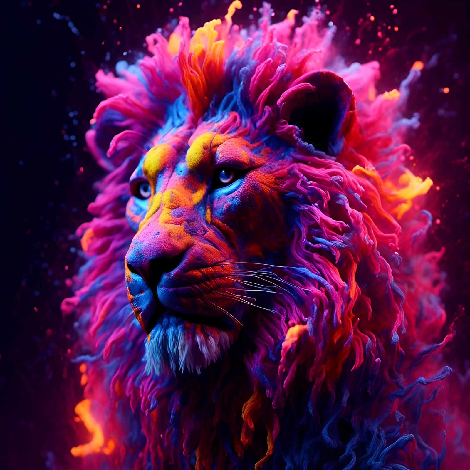 Neon Lion Made of Colored Smoke and Fire
