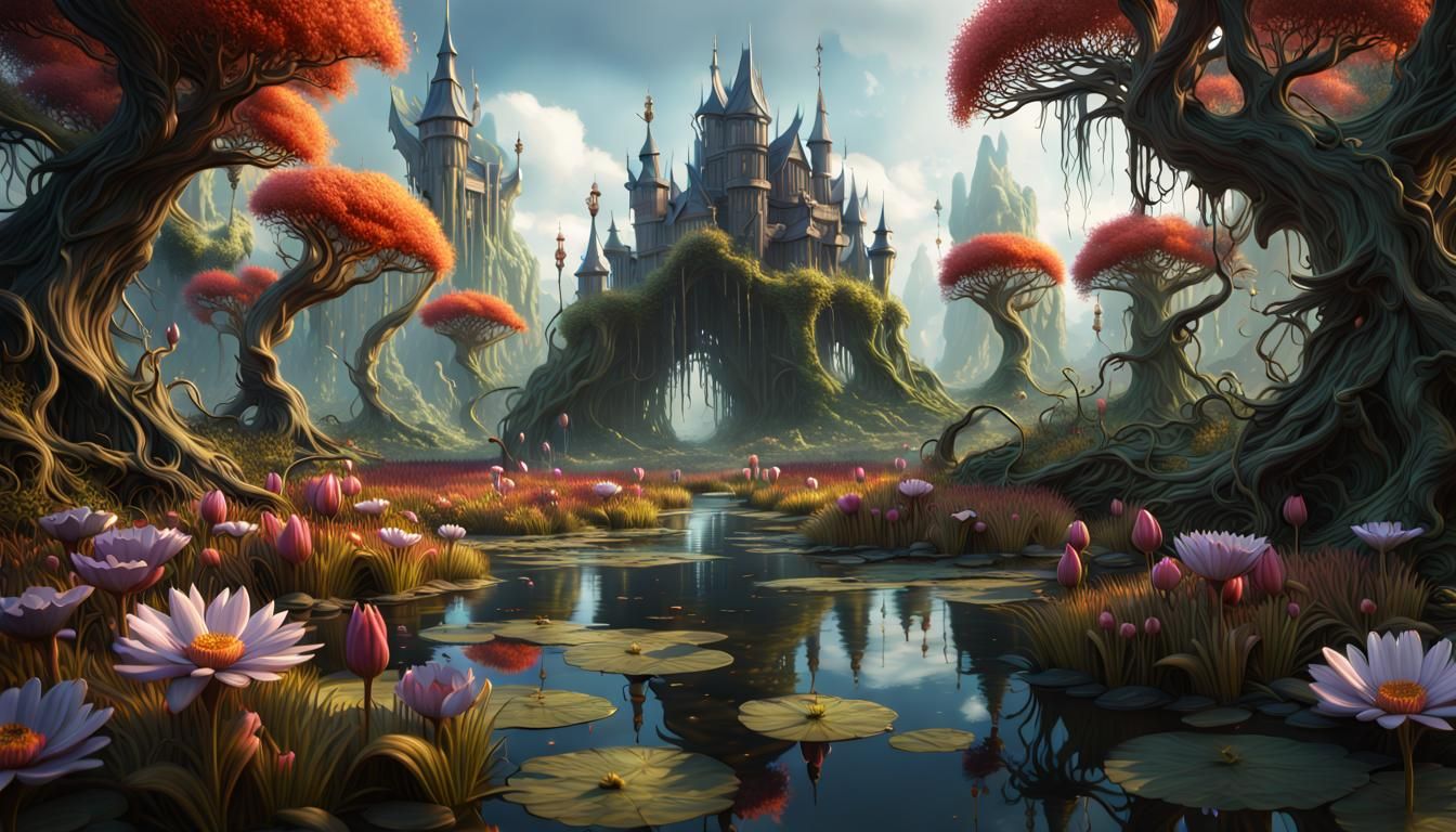 Fantastical Flower Swamp: Detailed Matte Painting