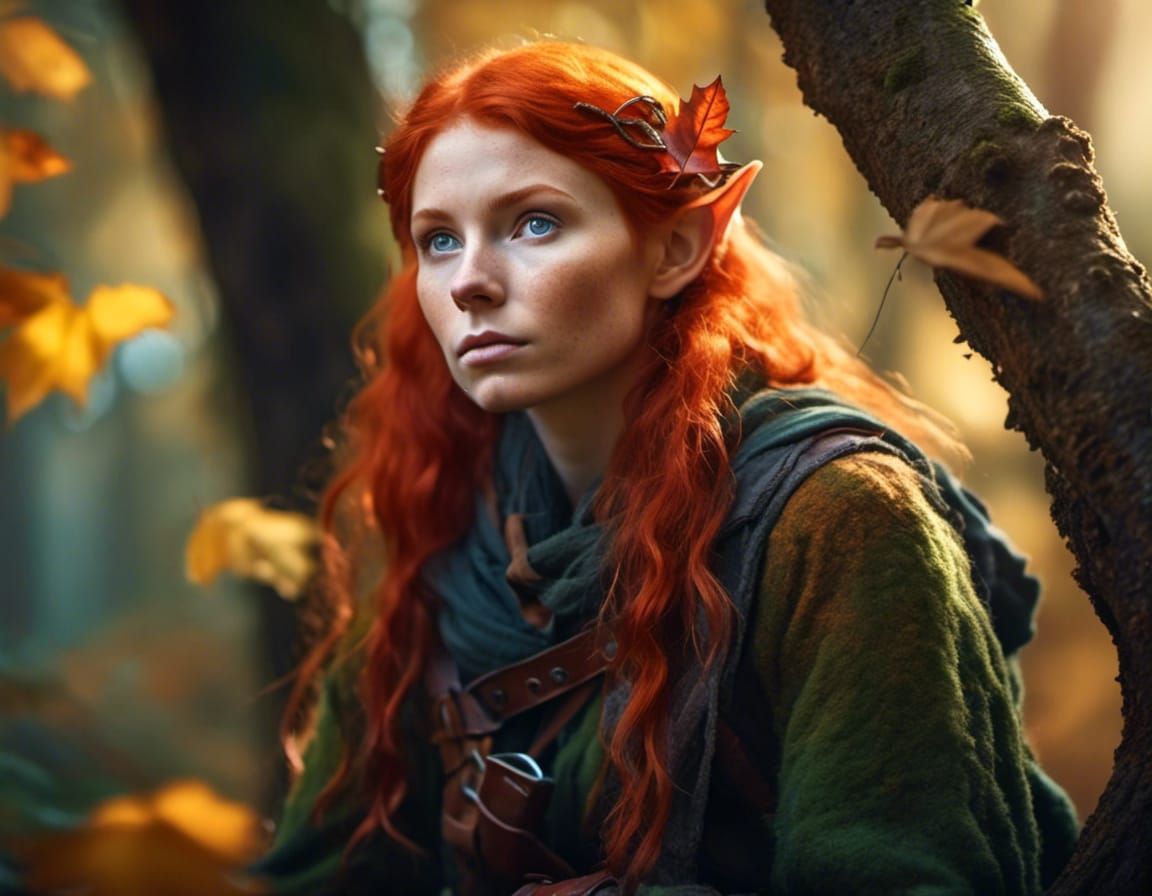 Thoughtful Red-Haired Elf Scout in Autumn Forest