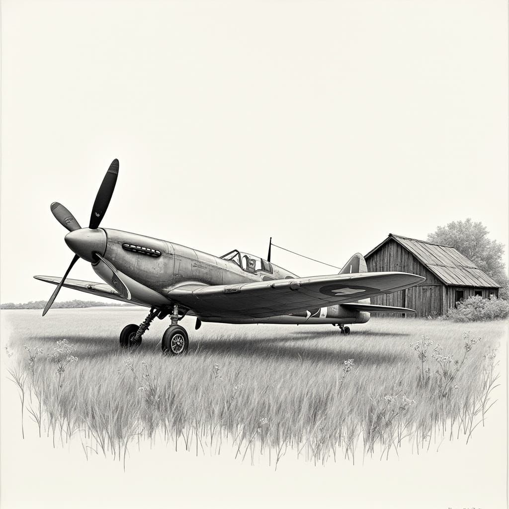 Vintage Spitfire in Pencil Art Style