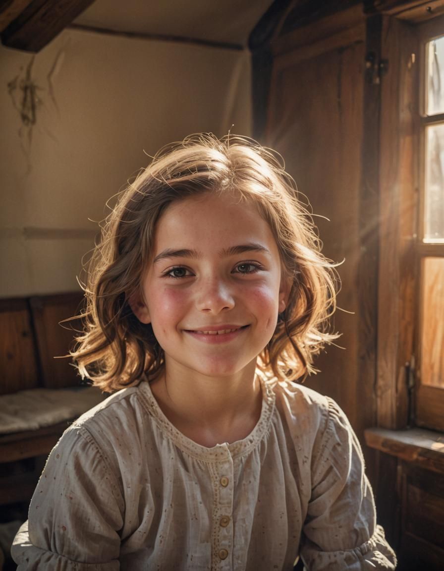 Young Girl Portrait in Sunlight, Folk Art Style