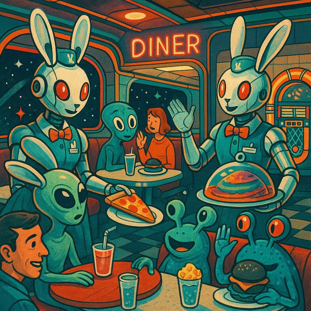 Retro-Futuristic Diner Run By Android Rabbits