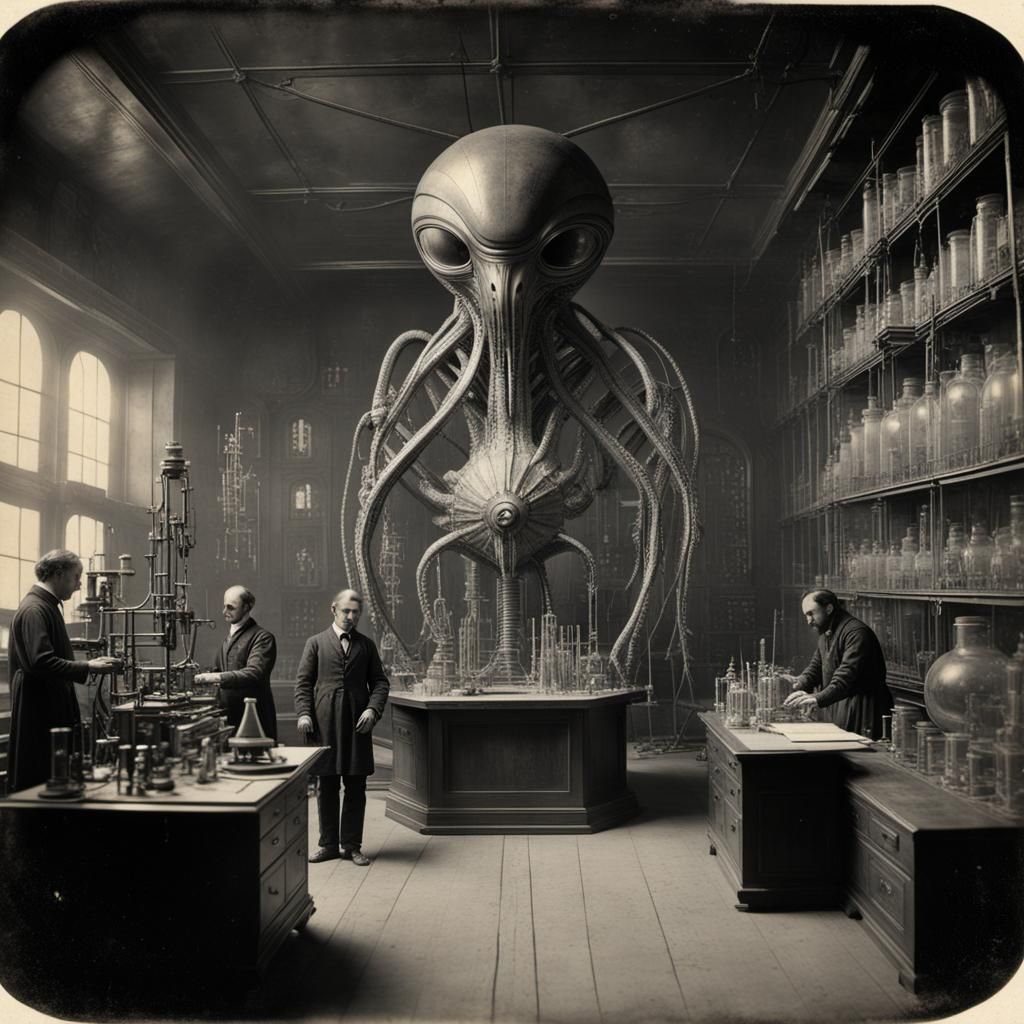 1800's photo of scientists and an alien creature.