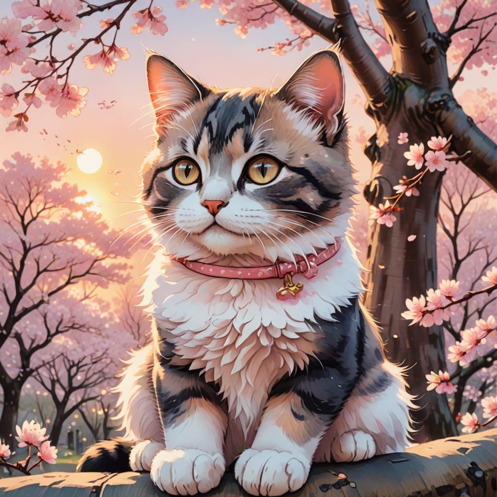 Kawaii Cherry Blossom Kitty Portrait in Anime Style