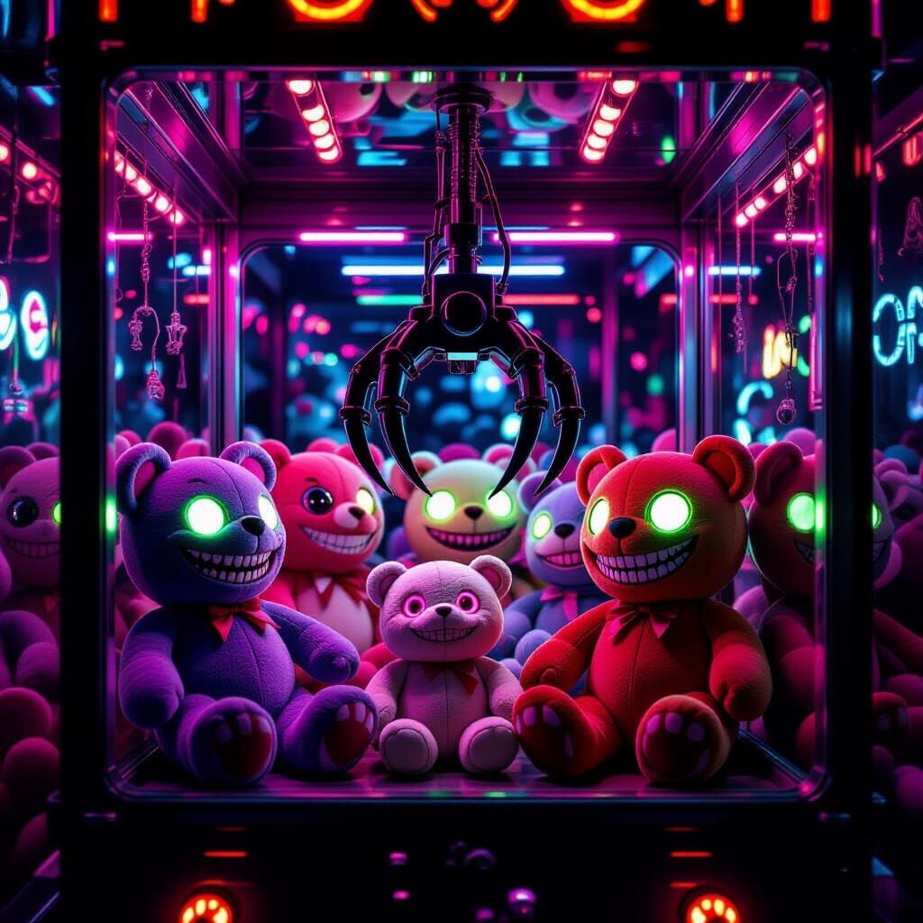 Glowing Macabre Claw Machine with Sinister Creatures