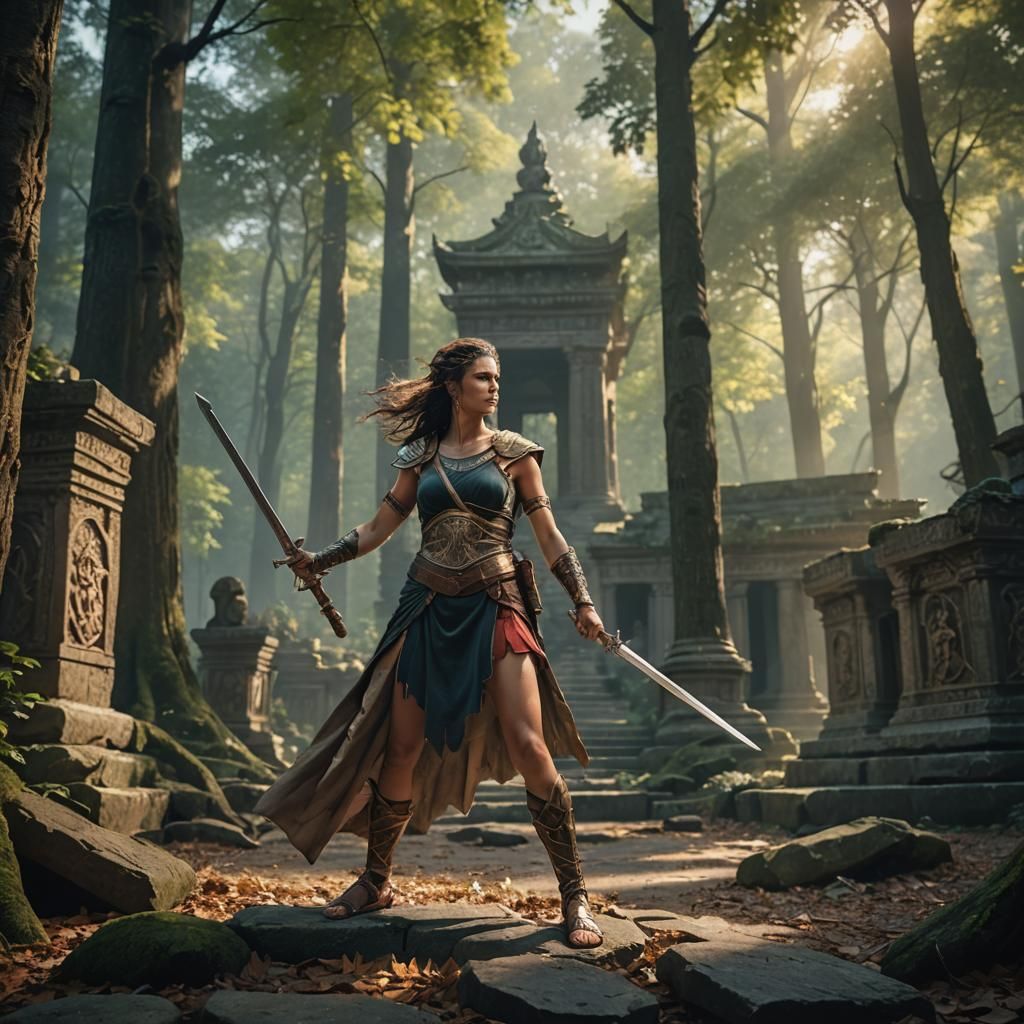 Warrior Woman in Roman Toga at Forest Temple